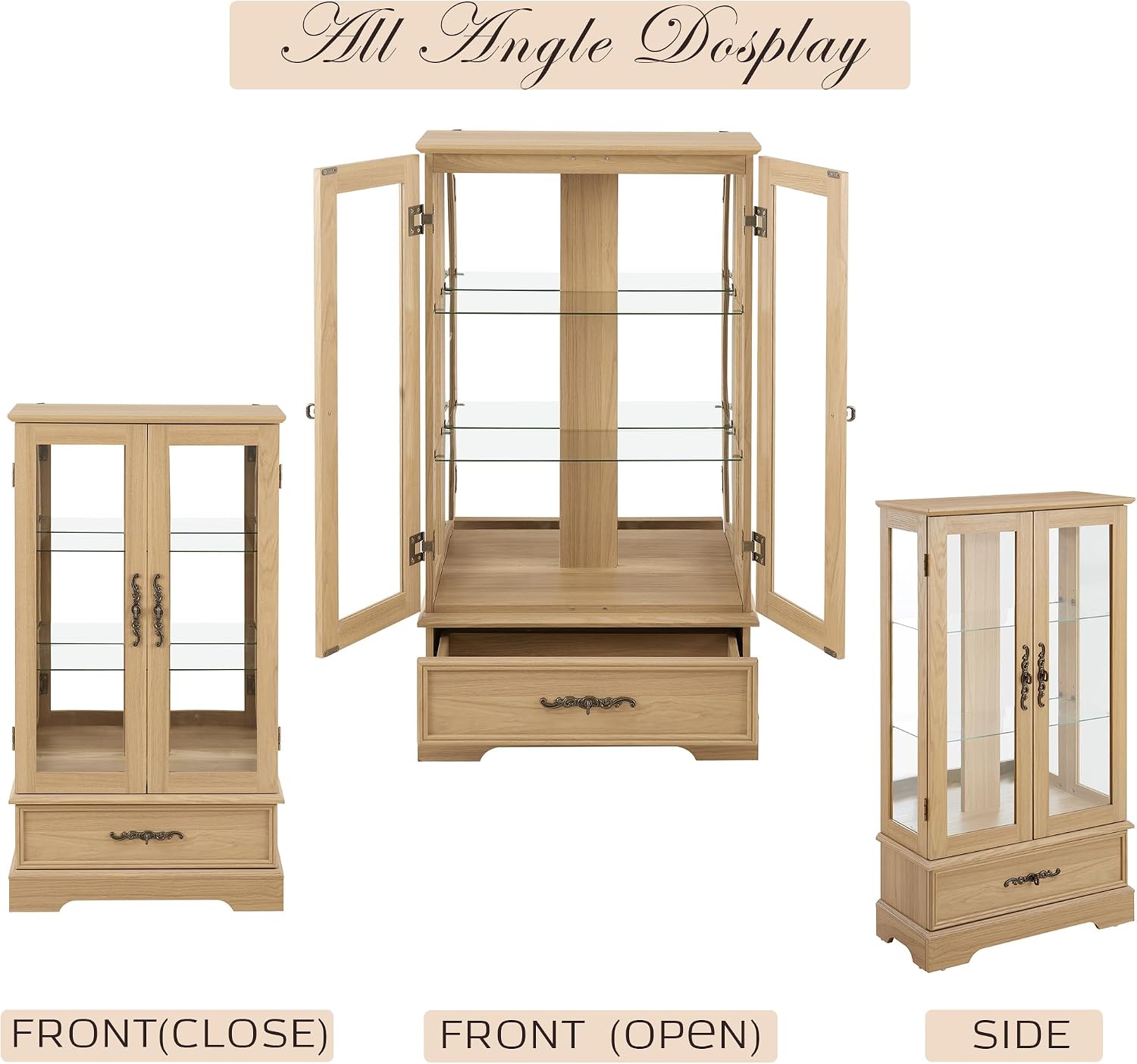 47' Lighted Glass Accent Curio Cabinet, 3-Tier Antique Storage Cage with Adjustable Shelves & Drawer, Acrylic Mirrored Pane, Light Blub Included, Small China Cabinet for Living Room (Light Oak)