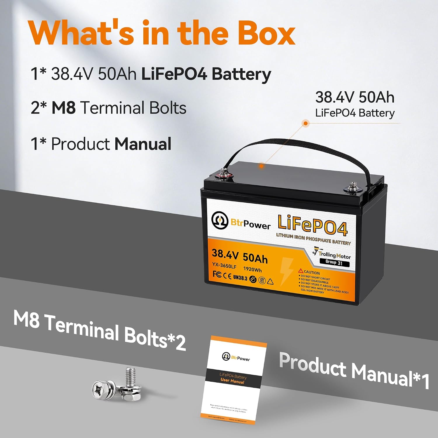 36V 50Ah Trolling Motors Lithium LiFePO4 Battery, Built-in 50A BMS, 1.2C Discharge 60A Current,Deep Cycle Group31 Lithium Iron Phosphate Battery, Perfect for Trolling Motor,RV, Boat, Marine, Solar