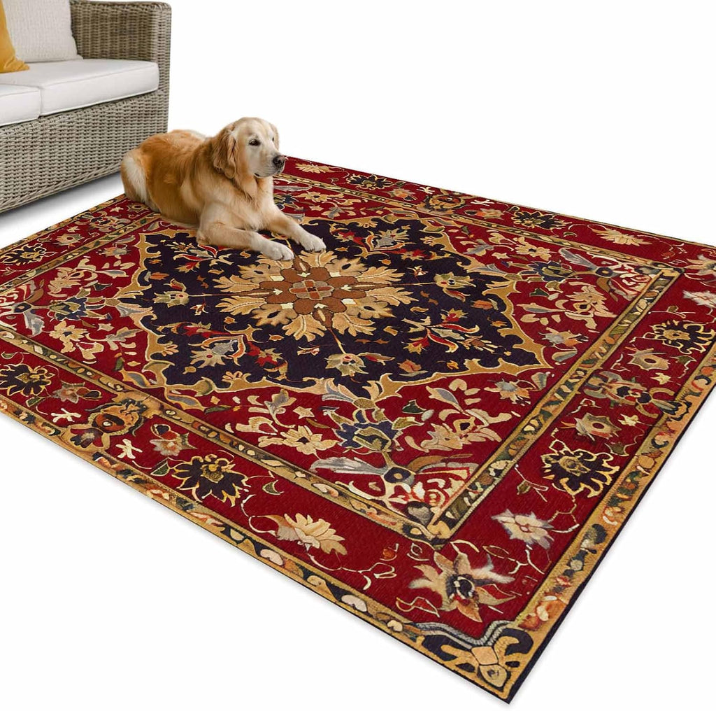 Outdoor Rug 4x6ft Floral Leaves Frames Vintage Mid Century Afghan Black Wheat Red Patio Area Rugs Waterproof Easy Cleaning Non Shedding Thick Mats Carpet for Indoor Outdoor Porch Deck Balcony