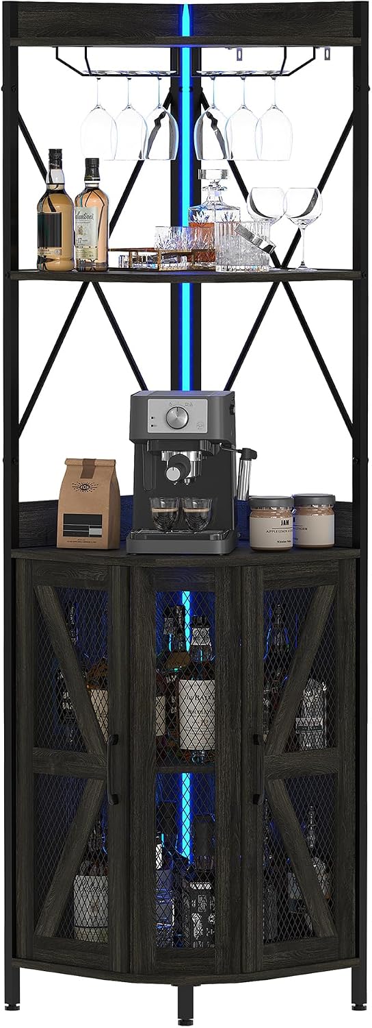 Garvee 72in Corner Wine Cabinet with Power Outlet, Industrial Wine Cabinet w/LED Strip&Glass Holder, 5-Tiers Liquor Cabinets Bar for Home, Small Space, Display Cabinets for, 12 Colors, Mesh Door