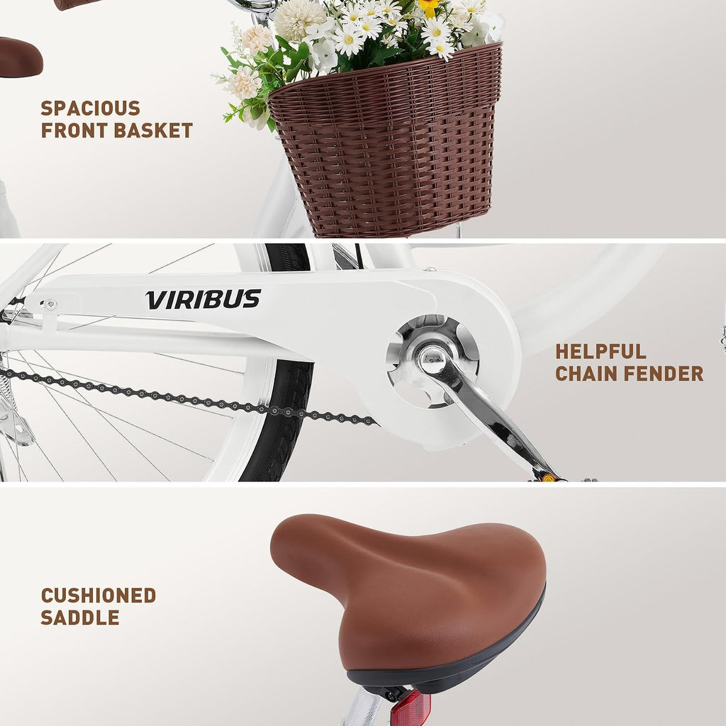 VIRIBUS Beach Cruiser Bike for Women, Single Speed Womens Bike with Basket & Rack 24 26 inch, Retro Step Through Cruiser Bicycle for Petite Short Women Female Ladies City Commuter, 330 lb.