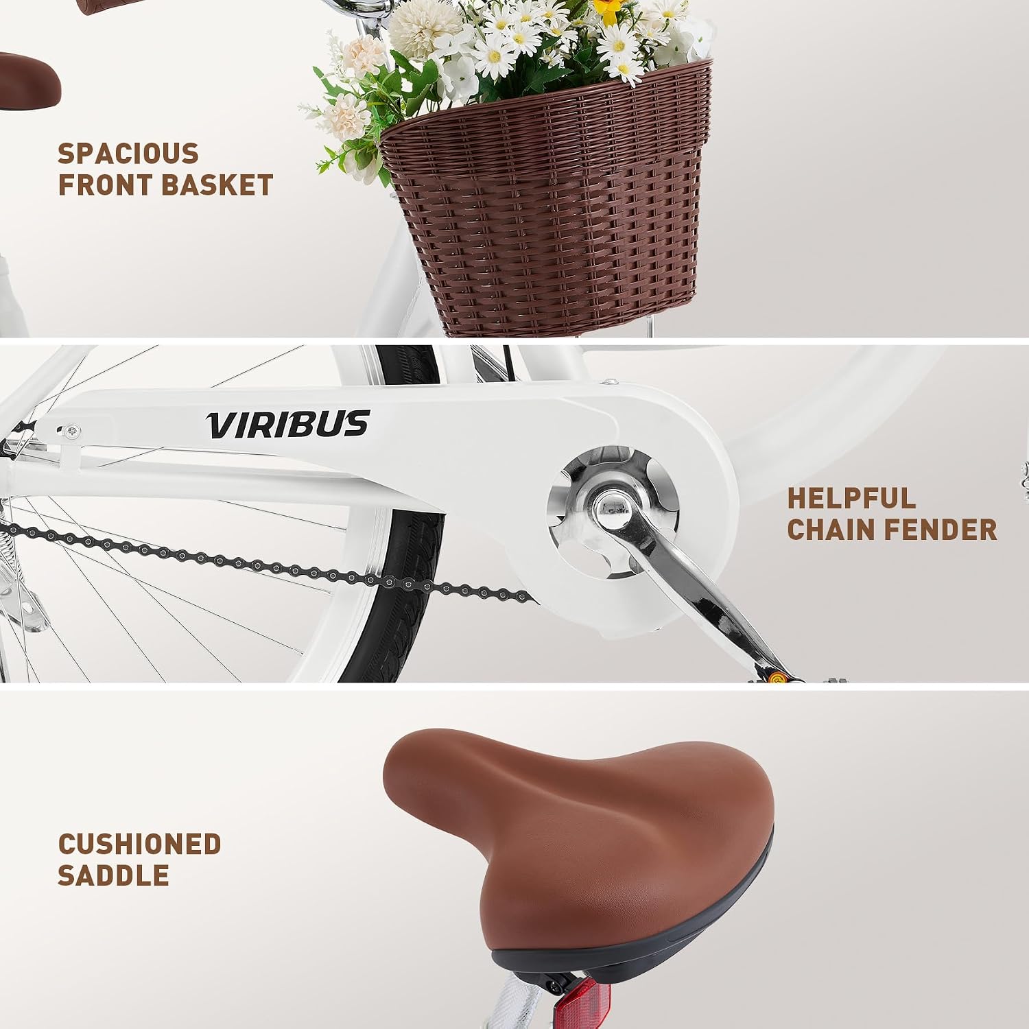 VIRIBUS Beach Cruiser Bike for Women, Single Speed Womens Bike with Basket & Rack 24 26 inch, Retro Step Through Cruiser Bicycle for Petite Short Women Female Ladies City Commuter, 330 lb.