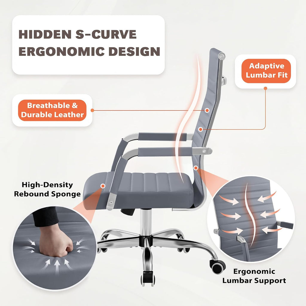 Furmax Ergonomic Office Desk Chair, Executive Ribbed Mid-Back PU Leather Conference Room Chair Adjustable Swivel Chair with Arms (2, Grey)
