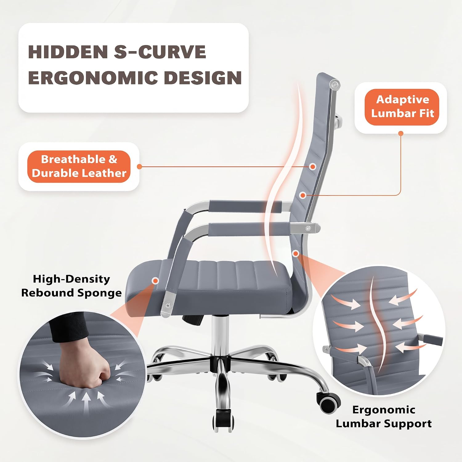 Furmax Ergonomic Office Desk Chair, Executive Ribbed Mid-Back PU Leather Conference Room Chair Adjustable Swivel Chair with Arms (2, Grey)