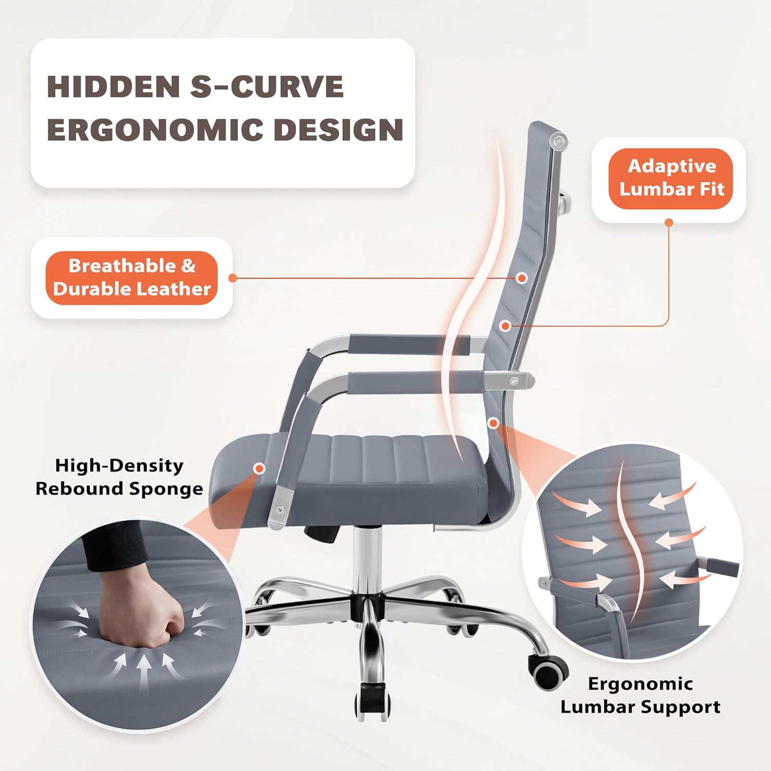 Furmax Ergonomic Office Desk Chair, Executive Ribbed Mid-Back PU Leather Conference Room Chair Adjustable Swivel Chair with Arms (4, Grey)