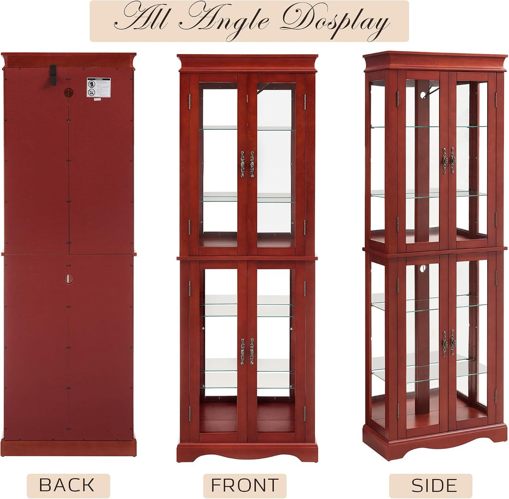 71' Lighted Curio Cabinet with 6 Adjustable Shelves, Vintage Glass Display Case, Tempered Glass Doors, Tall Wine Bar Cabinet for Living Room Liquor Storage, Bulb Included