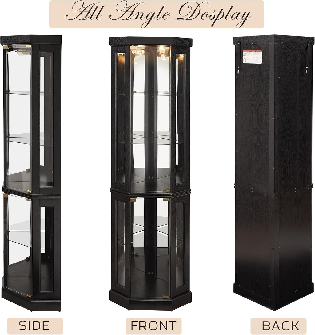 70' Lighted Corner Curio Cabinet, Curved Wood China Display Case with Tempered Glass Doors & Adjustable Shelves, Light Bulb Included, Tall Wine Storage Rack for Bar and Liquor Storage (Black)