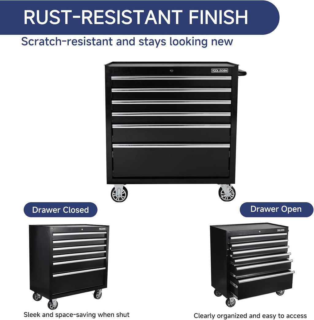 Tool Chest, 6 Drawers Rolling Tool Cabinet, Lockable Wheels, Ball Bearing Sliders, Black Powder Coating, Metal Tool Storage Cart, Suitable for Garage, Warehouse, Workshop
