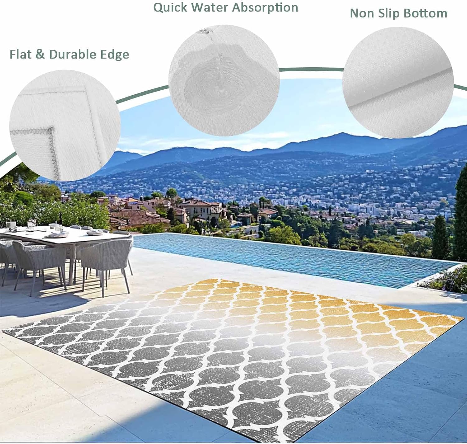 Outdoor Rug 4x6ft Morocco Pattern Ombre Yellow Grey Patio Area Rugs Waterproof Easy Cleaning Non Shedding Thick Mats Art Carpet for Indoor Outdoor Porch Deck Backyard Balcony