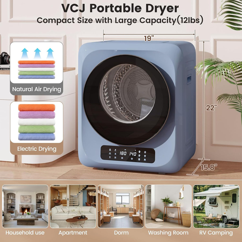 VCJ Portable Dryer for Laundry, 12lbs Clothes Dryer with 6 Drying Modes & 8H Timer, LED Display 850W Front Load Compact Electric Dryer for Apartment, RVs, Dorms