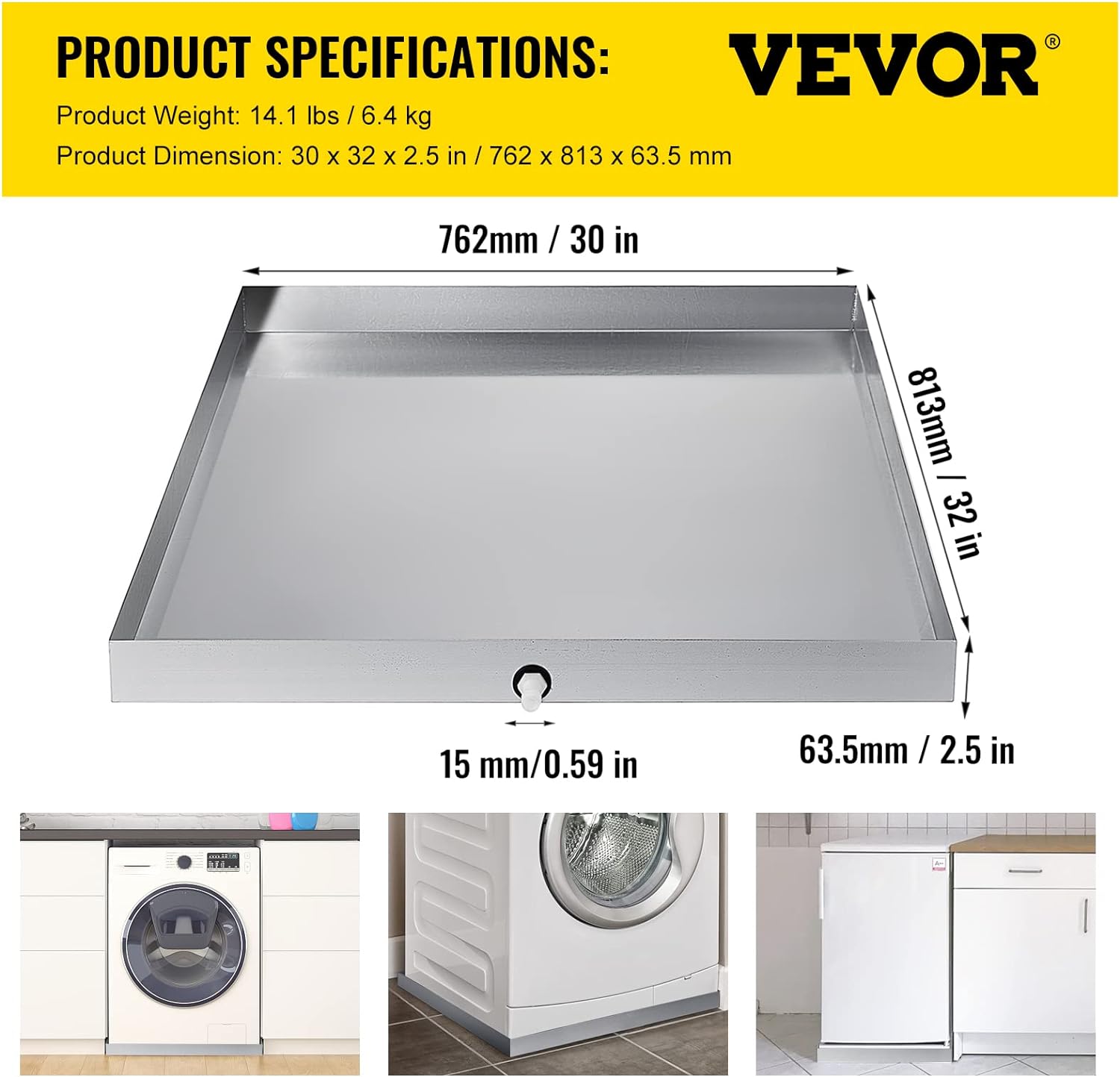 VBENLEM 32 x 30 x 2.5 Inch Washing Machine Pan 18 GA Thickness 304 Stainless Steel Heavy Duty Compact Washer Drip Tray with Drain Hole & Hose Adapter