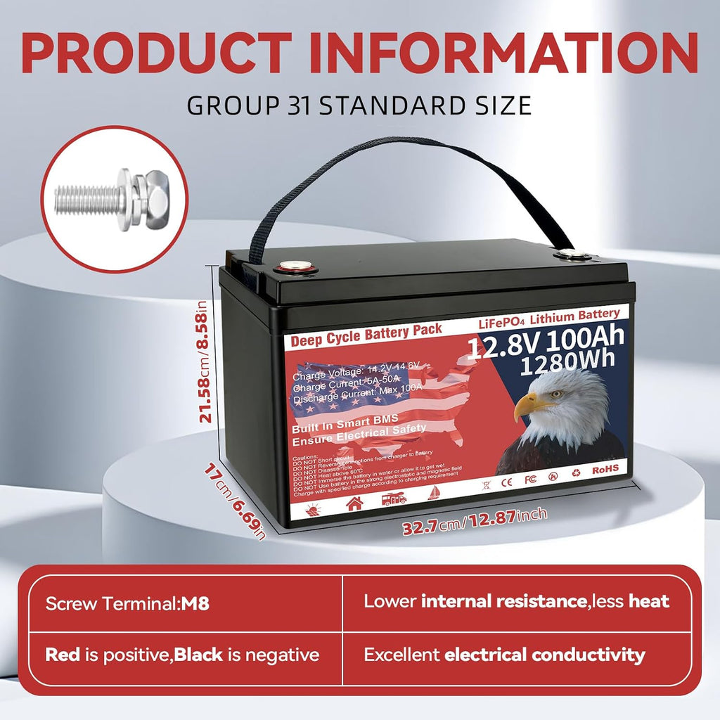 12V 100Ah LiFePO4 Lithium Battery, Group 31 Lithium Iron Phosphate 15000+ Deep Cycles & 10-Year Lifespan with Built-in BMS, 1280Wh Low Temp Protection for Solar System, Home Energy, RV, Off-Grid