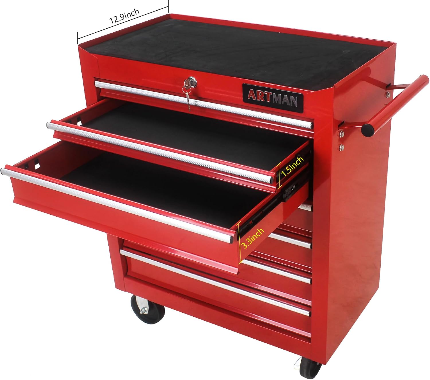 Rolling Tool Cabinet with 7 Drawers, Heavy Duty Steel Tool Cart on Wheels, Lockable Garage Tool Storage Cabinet, 300 lb Capacity, Ball-Bearing Slides, Powder-Coated Finish, Red