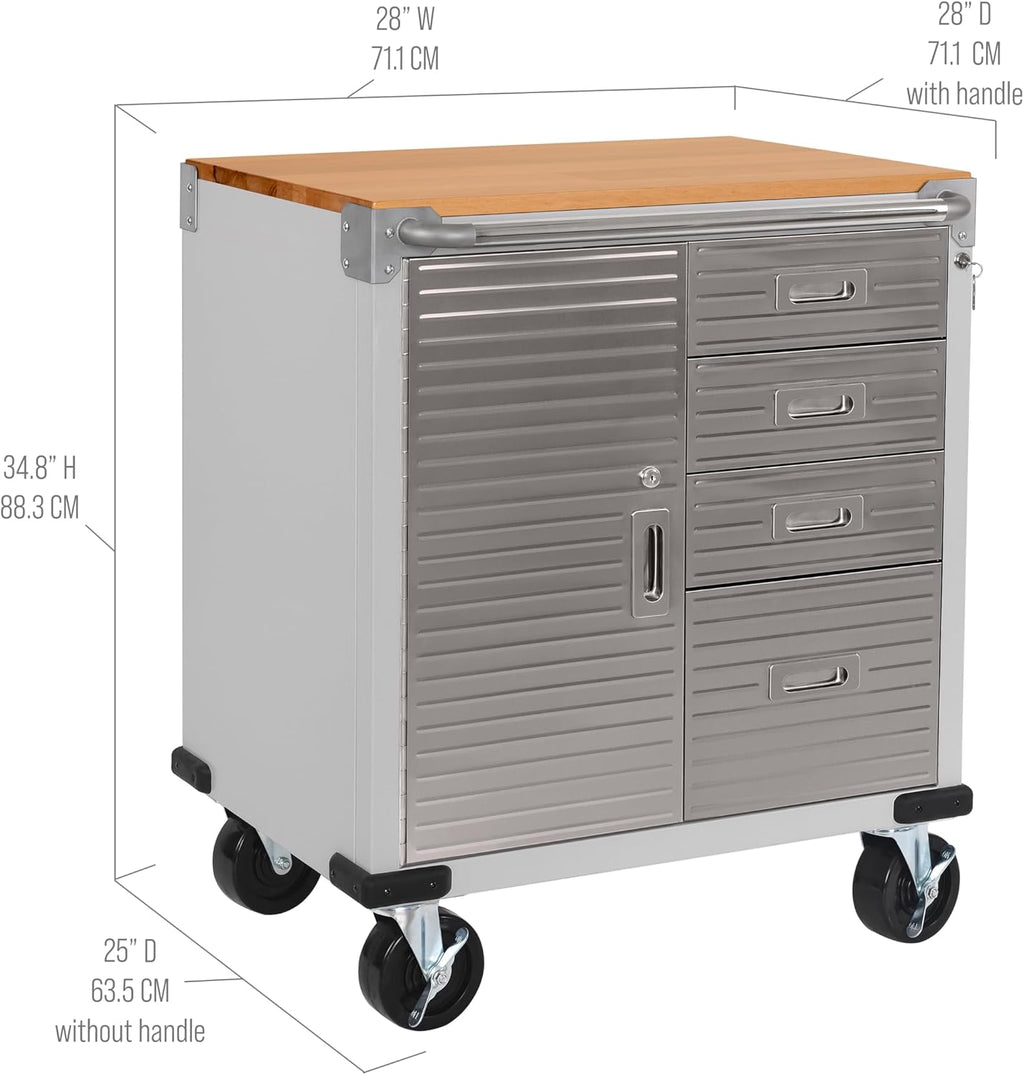 Seville Classics UltraHD Heavy Duty Rolling Cabinet Workbench Table w/Solid Wood Top, Workstation for Garage, Office, Workshop, Granite, 1-Door, 4-Drawer (28' W x 25' D)