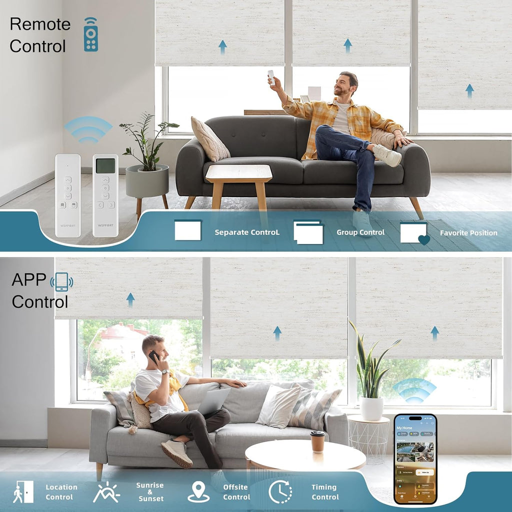 Motorized Roller Shade, 100% Blackout Smart Window Blinds Work with Homekit, Alexa, Google Home, Remote Control, Electric Blinds with USB/Solar Pannel Charging, Linen White