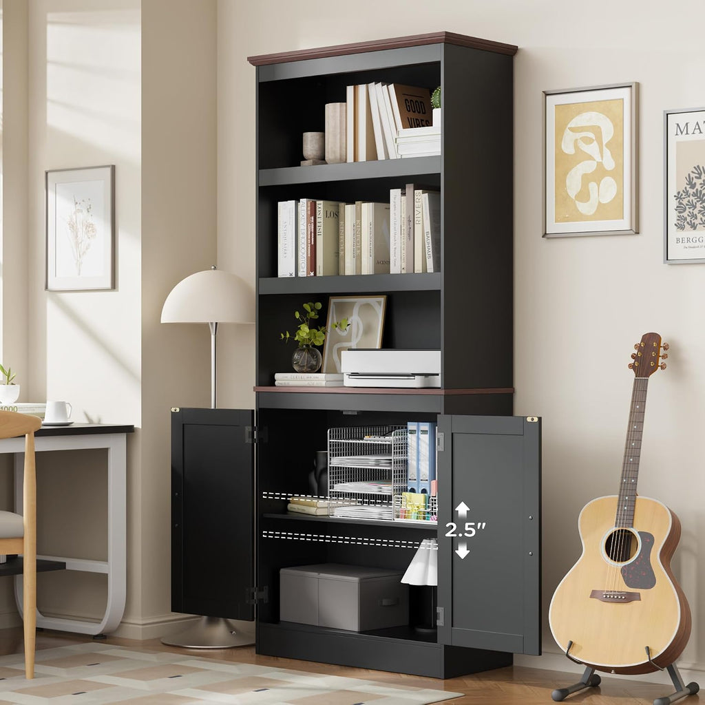 MHOM 71' Tall Bookshelf with Doors, 5 Tiers Farmhouse Bookcase with Adjustable Shelves, Wooden Rustic Display Cabinet for Home Office, Living Room, Black