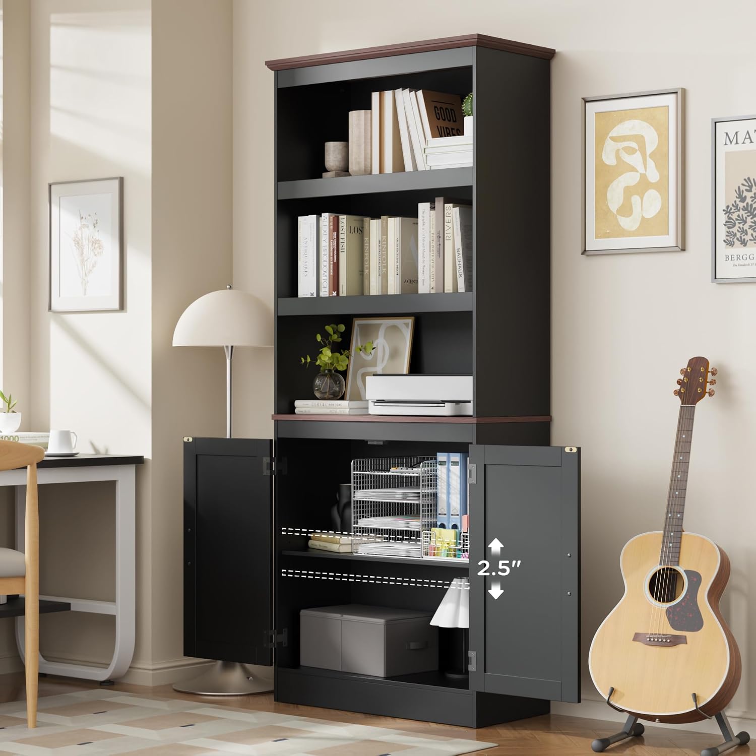 MHOM 71' Tall Bookshelf with Doors, 5 Tiers Farmhouse Bookcase with Adjustable Shelves, Wooden Rustic Display Cabinet for Home Office, Living Room, Black