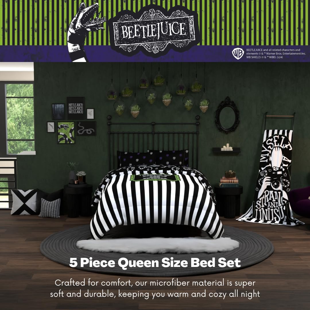 Franco Collectibles Beetlejuice Halloween Striped Bedding 5 Piece Super Soft Reversible Comforter and Sheet Set, Queen, (Officially Licensed Product)