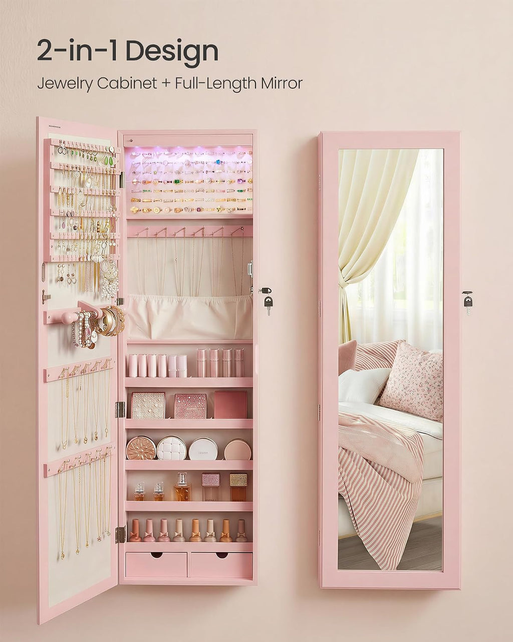 SONGMICS 6 LEDs Mirror Jewelry Cabinet, 47.2-Inch Tall Lockable Wall or Door Mounted Jewelry Armoire Organizer with Mirror, 2 Drawers, 3.9 x 14.6 x 47.2 Inches, Jelly Pink UJJC093SA02S