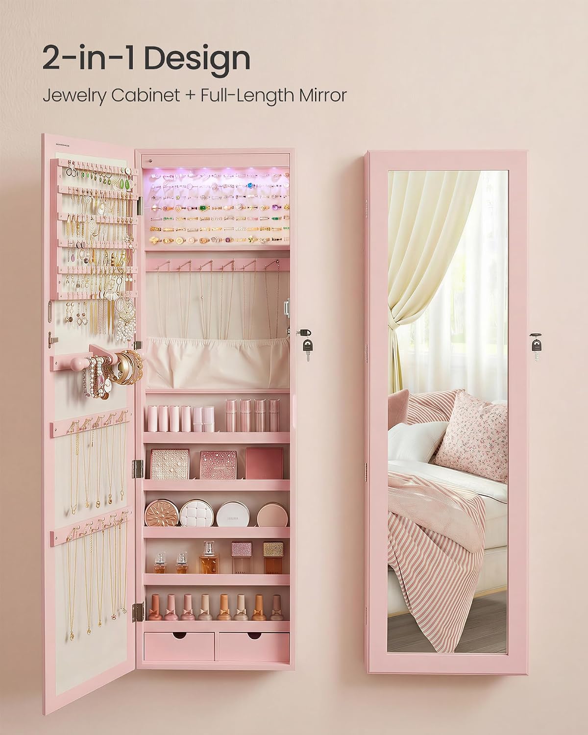 SONGMICS 6 LEDs Mirror Jewelry Cabinet, 47.2-Inch Tall Lockable Wall or Door Mounted Jewelry Armoire Organizer with Mirror, 2 Drawers, 3.9 x 14.6 x 47.2 Inches, Jelly Pink UJJC093SA02S