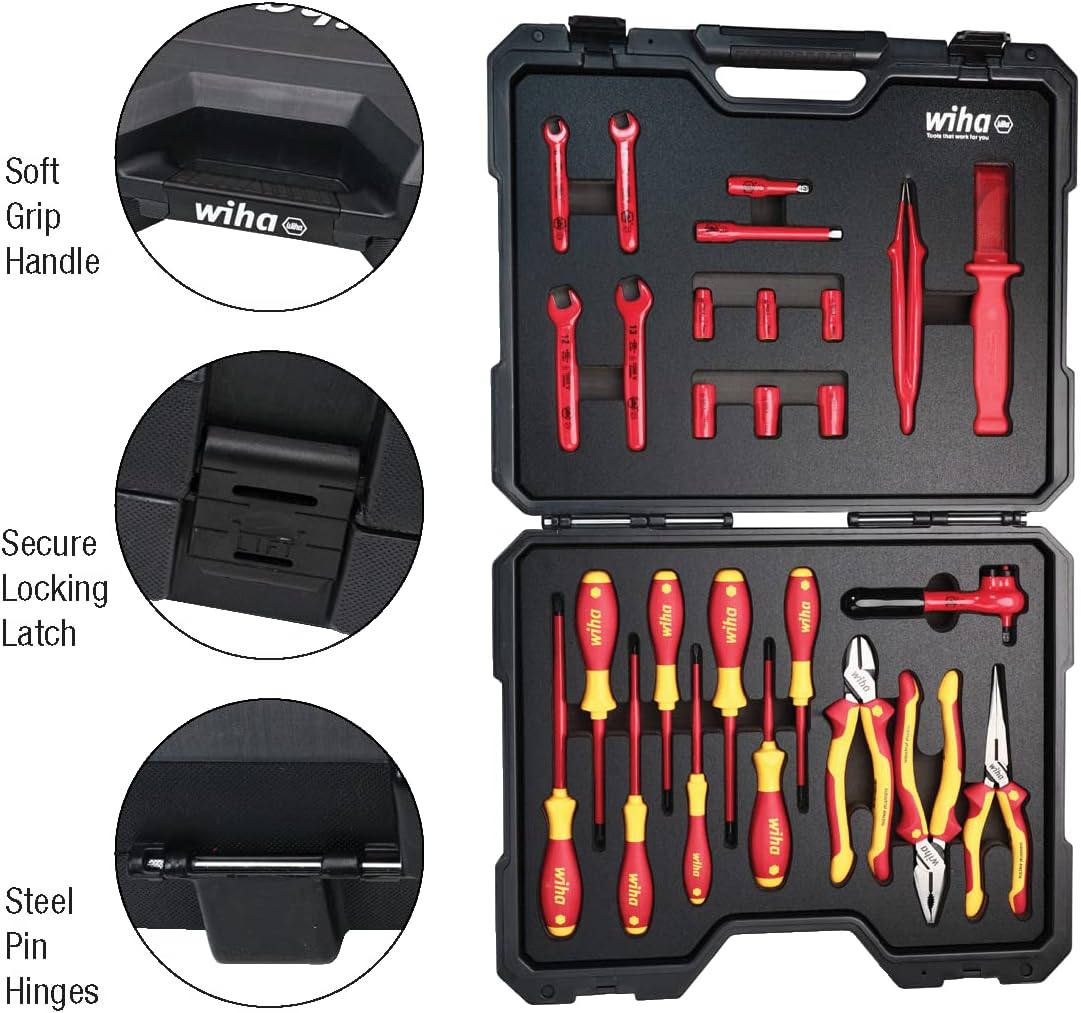 Wiha 91890 26-Piece Insulated EV & Hybrid Tool Set, 1000V VDE Rated, Sockets, Ratchets, Pliers, Screwdrivers