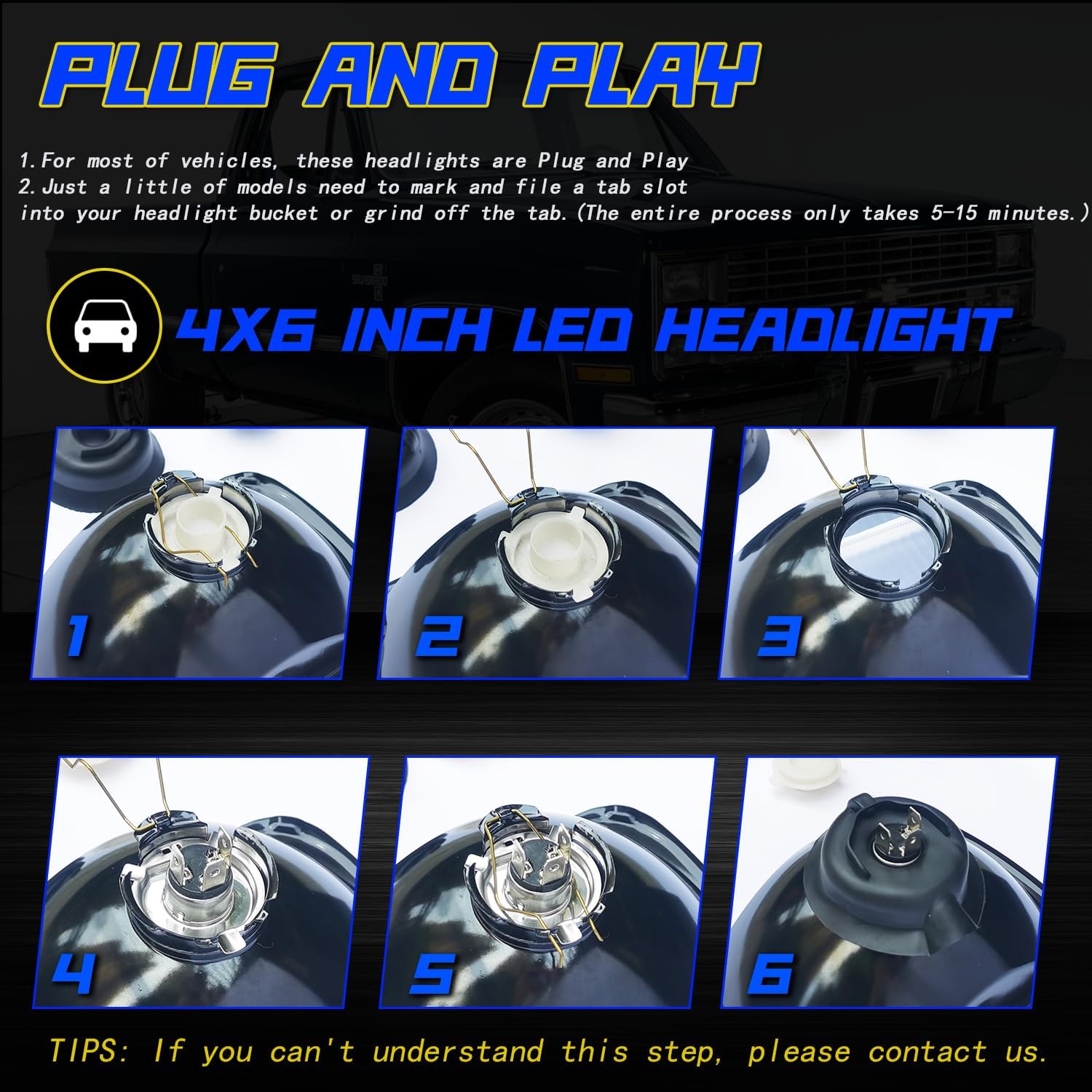 For Chevrolet Monte Carlo SS 1980 1981 1982 1983 1984 1985 1986 1987 1988, 4x6 inch Rectangular Hi-Low Sealed Beam Lights,With 4 pcs H4 6000K White LED Light Bulbs, with Adapter,8-Pack