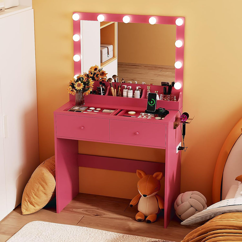 VINGLI Vanity Desk with Mirror and Adjustable Lights, Glass Top Makeup Vanity Table Built-in Power Outlets & Hairdryer Holder, Small Hot Pink Dressing Table w/Bulbs, Gifts for Girls, 31.5in