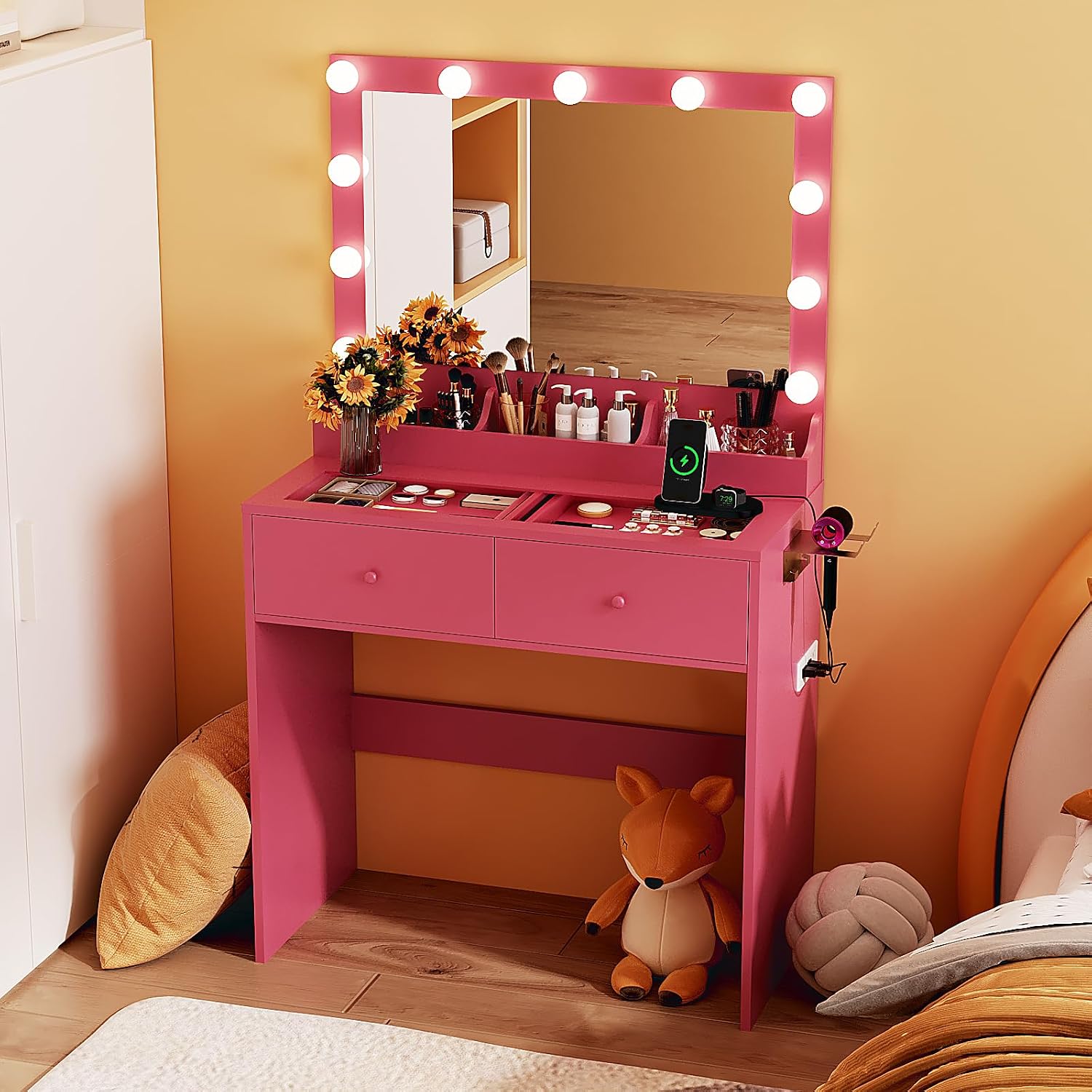 VINGLI Vanity Desk with Mirror and Adjustable Lights, Glass Top Makeup Vanity Table Built-in Power Outlets & Hairdryer Holder, Small Hot Pink Dressing Table w/Bulbs, Gifts for Girls, 31.5in