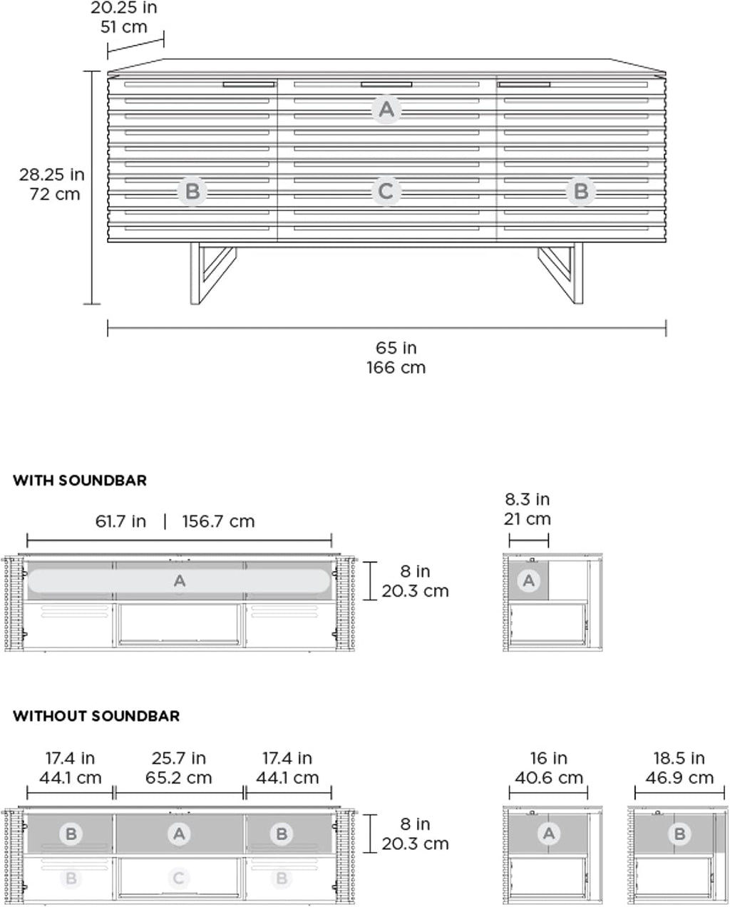 BDI Furniture Corridor 8177-65'' TV Stand for TVs up to 70' with Soundbar Shelf, Storage Drawer, Cable Management, Remote-Friendly Louver Doors, Satin-Etched Glass Top, Natural Walnut