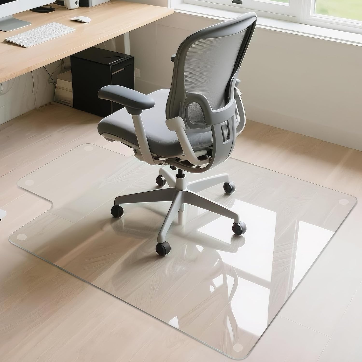 JAMBALAY Irregular Tempered Glass Chair Mat with Lip, 46'x36' Heavy Duty Glass Floor Mat for Carpet/Hard Floors, Carpet Office Chair Mats with Anti-Slip Pads, Thick 0.2″, Clear