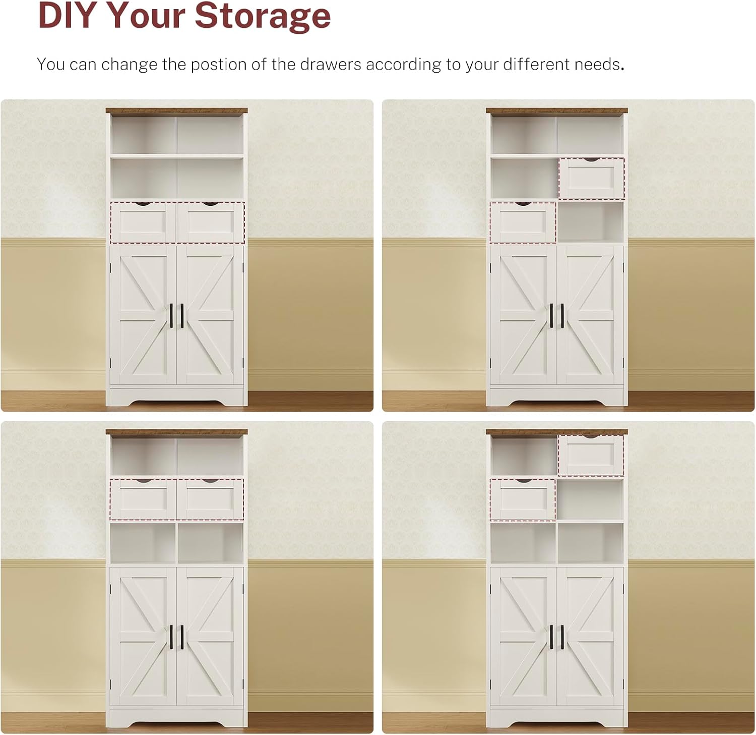TEENFON Storage Cabinet with Doors & 2 Drawers, Kitchen Cabinet with Adjustable Shelf, Pantry Cabinets, Bathroom Cabinets, for Living Room, Entryway, Home Office, White