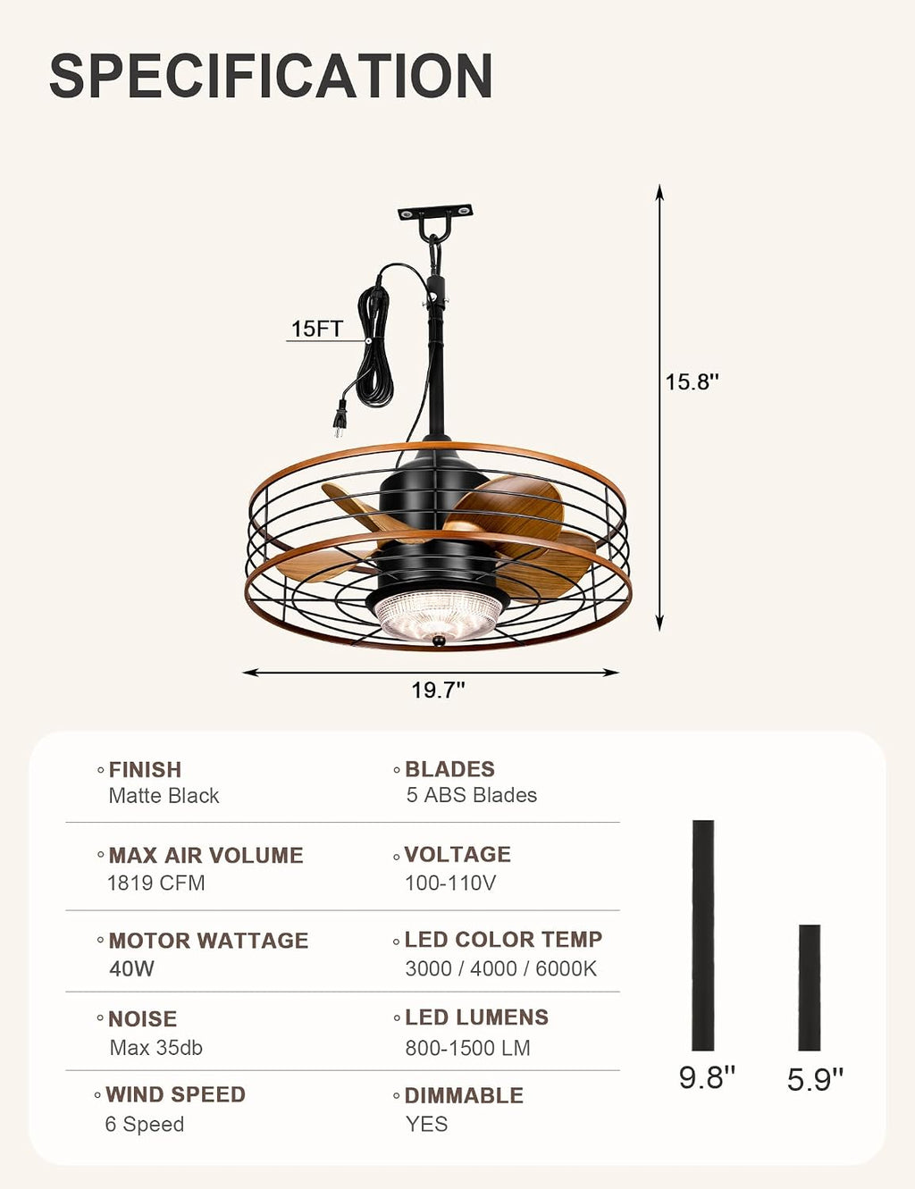 Dawn Whisper 20' Outdoor Ceiling Fans with Lights Gazebo Fan Waterproof for Patio Hanging with Plug In Cord Caged Ceiling Fans for Pergola Porch