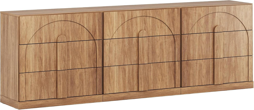 BELLEZE Sideboard Cabinet with 3 Drawers, Set of 3 Modern Wood Buffet Cabinet with Arc Design, Large Fluted Sideboard with Storage for Dining Room Living Room Entryway, Camel