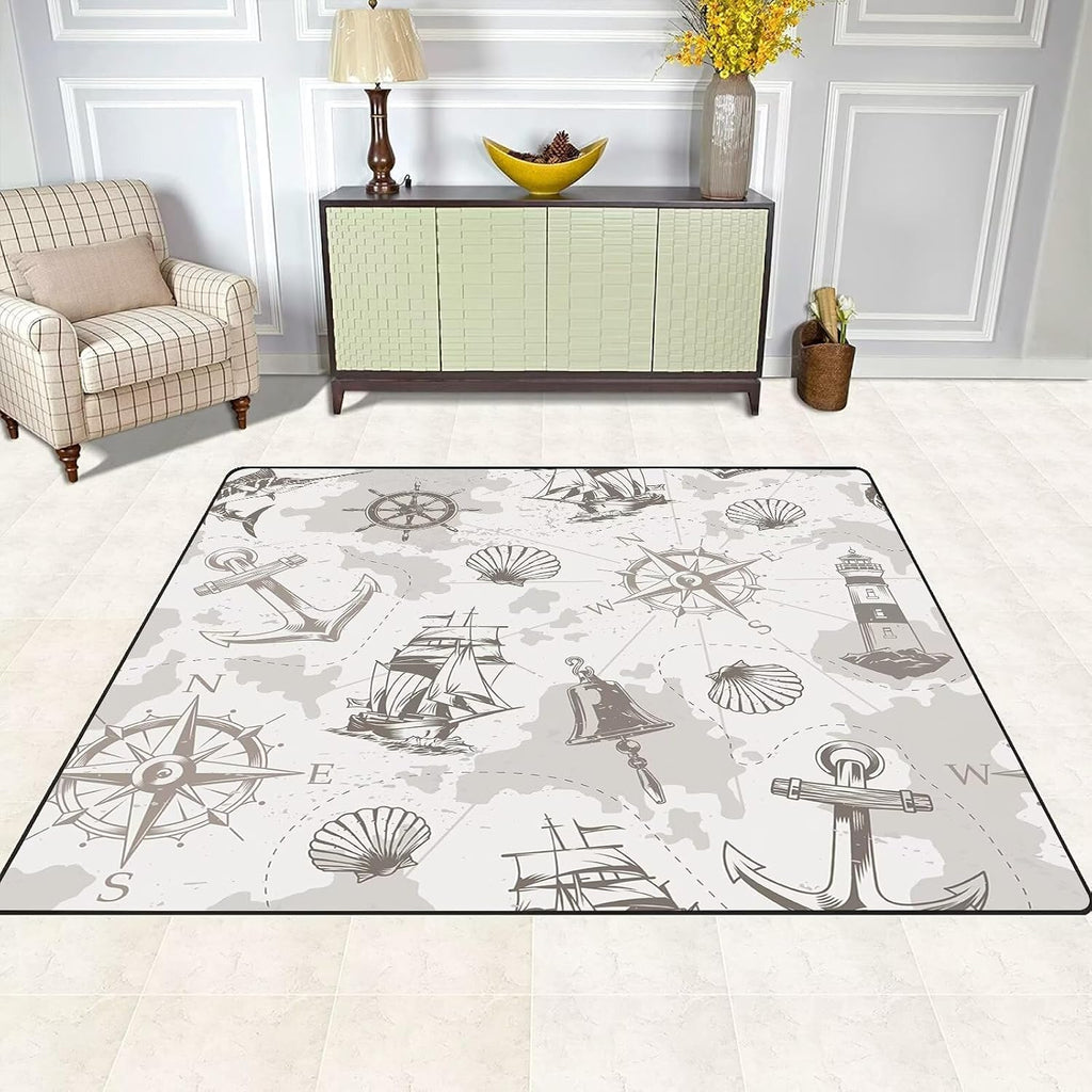 6' x 9' Grey Vintage Nautical Area Rugs for Kids Boys Girls Ocean Coastal Throw Rugs for Living Room Bedroom Playroom Sea Beachy Floor Mat Pad Doormat Carpet