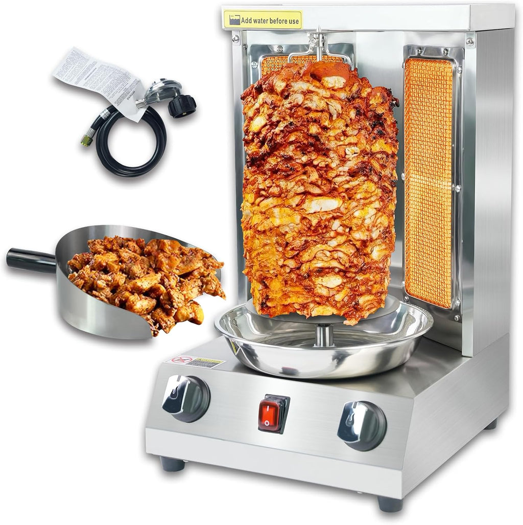 Shawarma Grill Machine - 15 lbs Capacity, Gas Vertical Rotisserie with 2 Burner, Stainless Steel Rotating Doner Kebab Gyro Meat Machine for Home, Kitchen