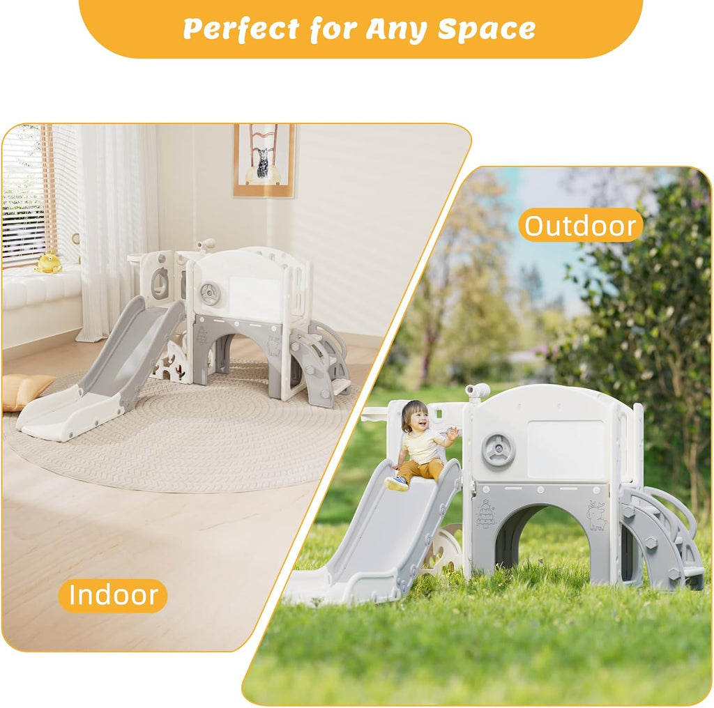 67i Indoor Toddler Slide with Drawing Board, Golf Set, Basketball Hoop - Kids Playground for 1-3 Year Olds, Non-Slip Steps & Storage Space (White Gray)