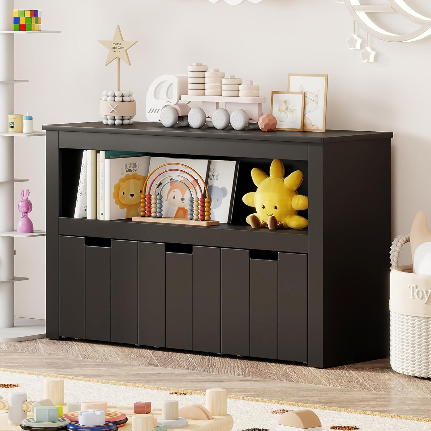 HONEY JOY Kids Toy Storage Organizer, Children Daycare Shelf, 3 Wooden Toy Box w/Wheels, Toddler Classroom Display Cabinet for Playroom, Nursery, Kindergarten (Black)