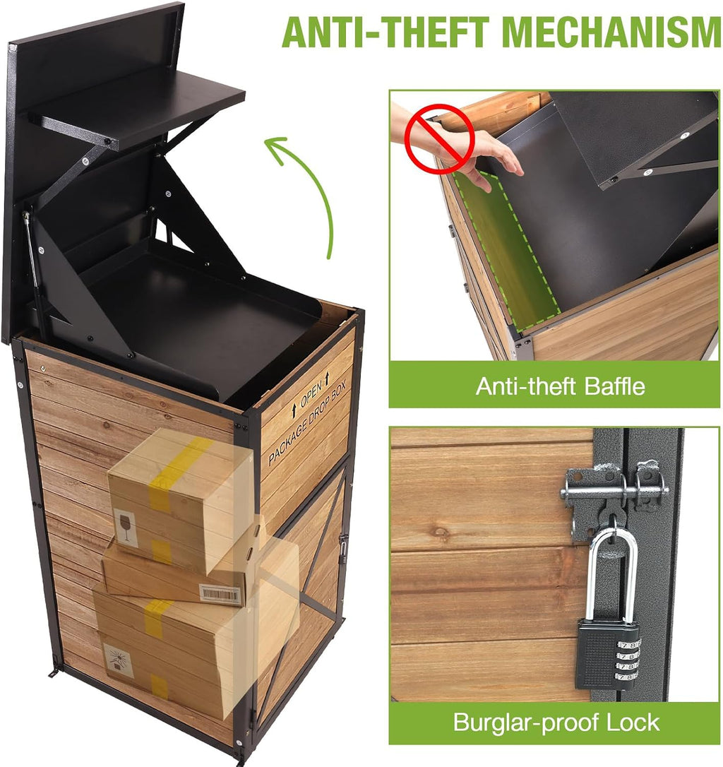 GUTINNEEN Package Delivery Box for Outside Large Parcel Drop Box,Metal Frame Solid Wood, Anti-Theft Baffle, Password Lock,Gas-Strut Lid,Weatherproof for Multiple Packages, 22.2' L x 27.5' D x 40.6' H