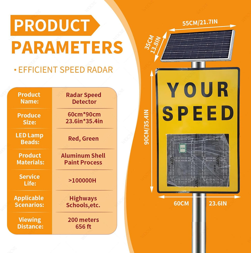 23.6'X35.4'Radar Speed Sign - Integrated Solar Power, Radar Speed Display Sign, for Highways, Speed-Limited Roads with Remote Control and Accessories