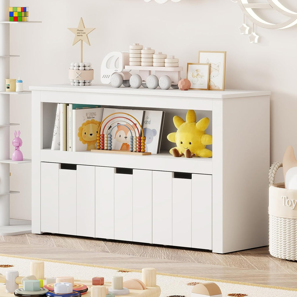 HONEY JOY Kids Toy Storage Organizer, Children Daycare Shelf, 3 Wooden Toy Box w/Wheels, Toddler Classroom Display Cabinet for Playroom, Nursery, Kindergarten (White)