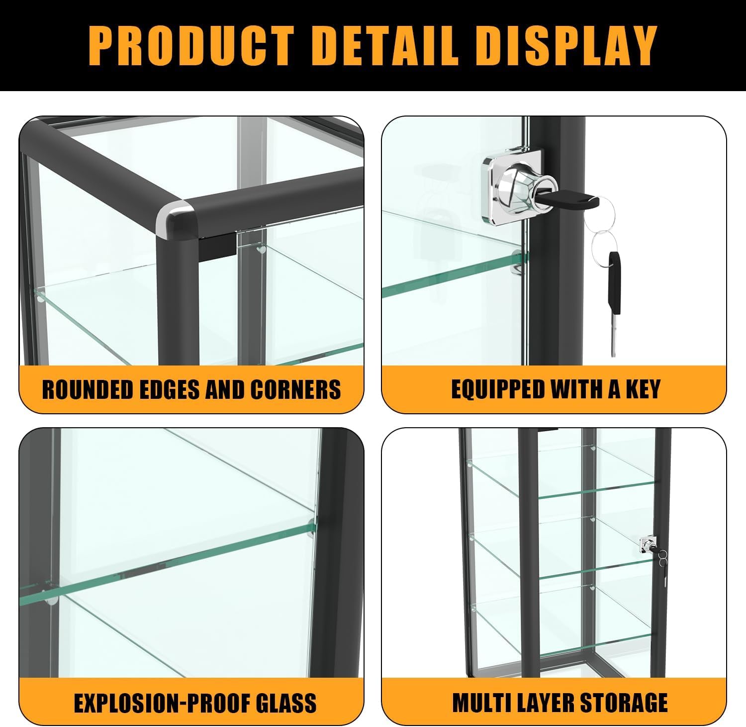14' W x 27' H x 12' D - Black Aluminum Tempered Glass Countertop Display Case - Durabletable Top Display Case,Clear Display Cabinet for Retail, Home & Office Use