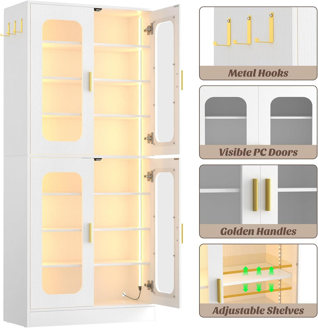 Cyclysio 67' Display Cabinet with PC Doors & LED Lighting - 8-Tier Storage Cabinet with 330lb Capacity & Adjustable Shelves for Entryway, Bedroom (White, Set of 1)