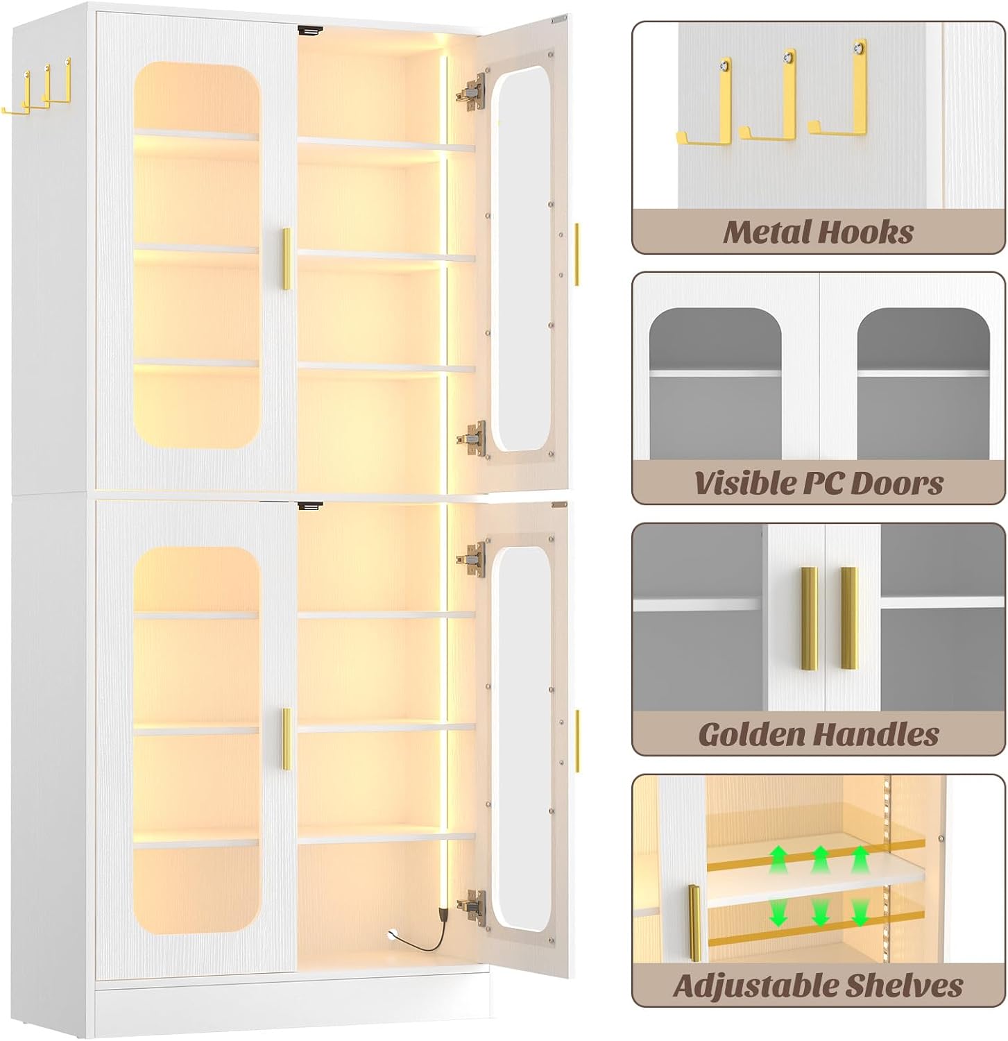 Cyclysio 67' Display Cabinet with PC Doors & LED Lighting - 8-Tier Storage Cabinet with 330lb Capacity & Adjustable Shelves for Entryway, Bedroom (White, Set of 1)