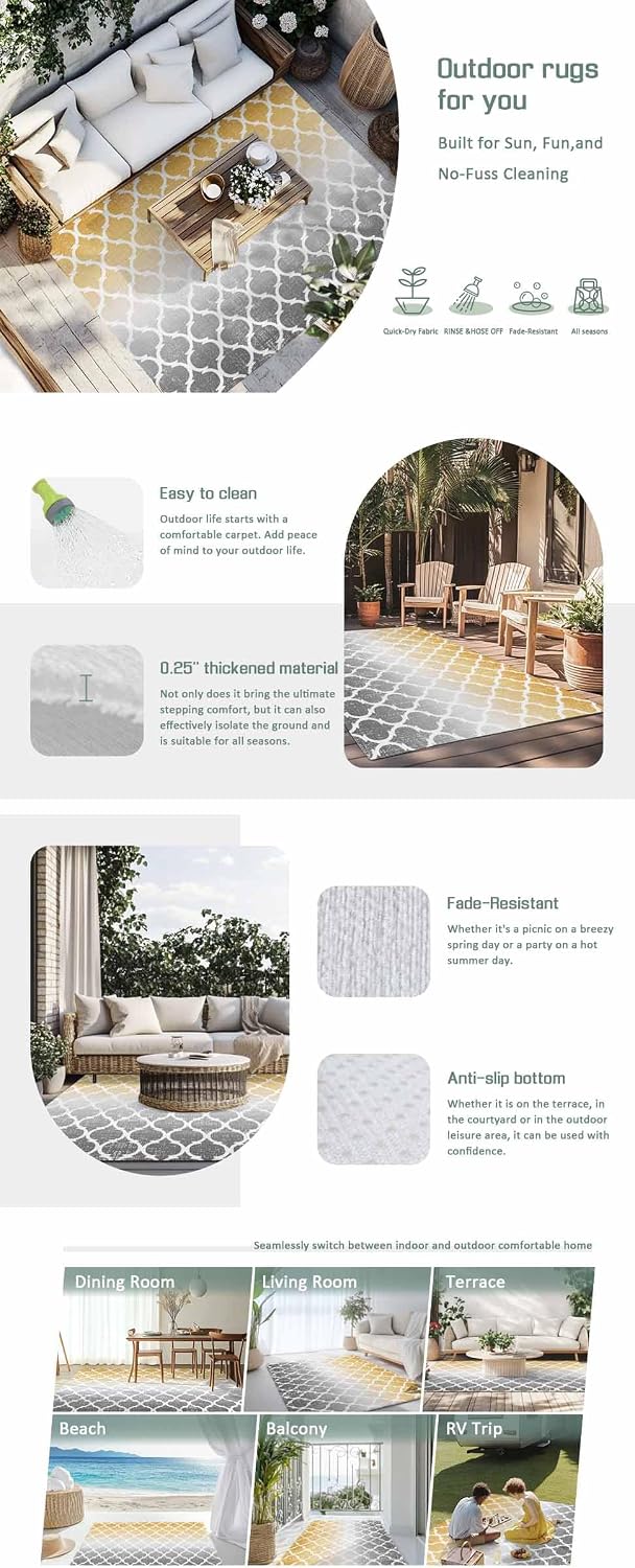 Outdoor Rug 4x6ft Morocco Pattern Ombre Yellow Grey Patio Area Rugs Waterproof Easy Cleaning Non Shedding Thick Mats Art Carpet for Indoor Outdoor Porch Deck Backyard Balcony