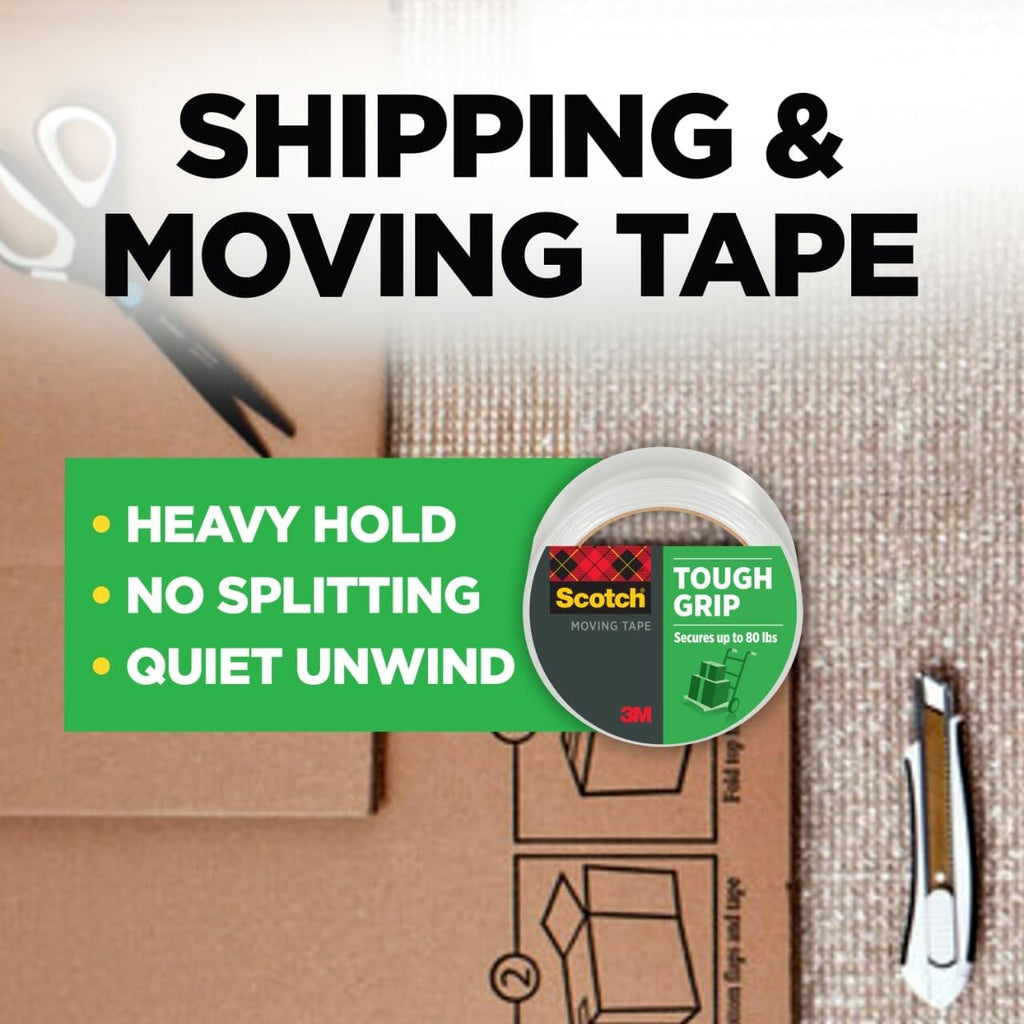 Scotch Tough Grip Moving Packing Tape, Clear, Moving Tape that Secures Boxes up to 80 Pounds, 1.88 in. x 43.7 yd.| (Pack of 6)