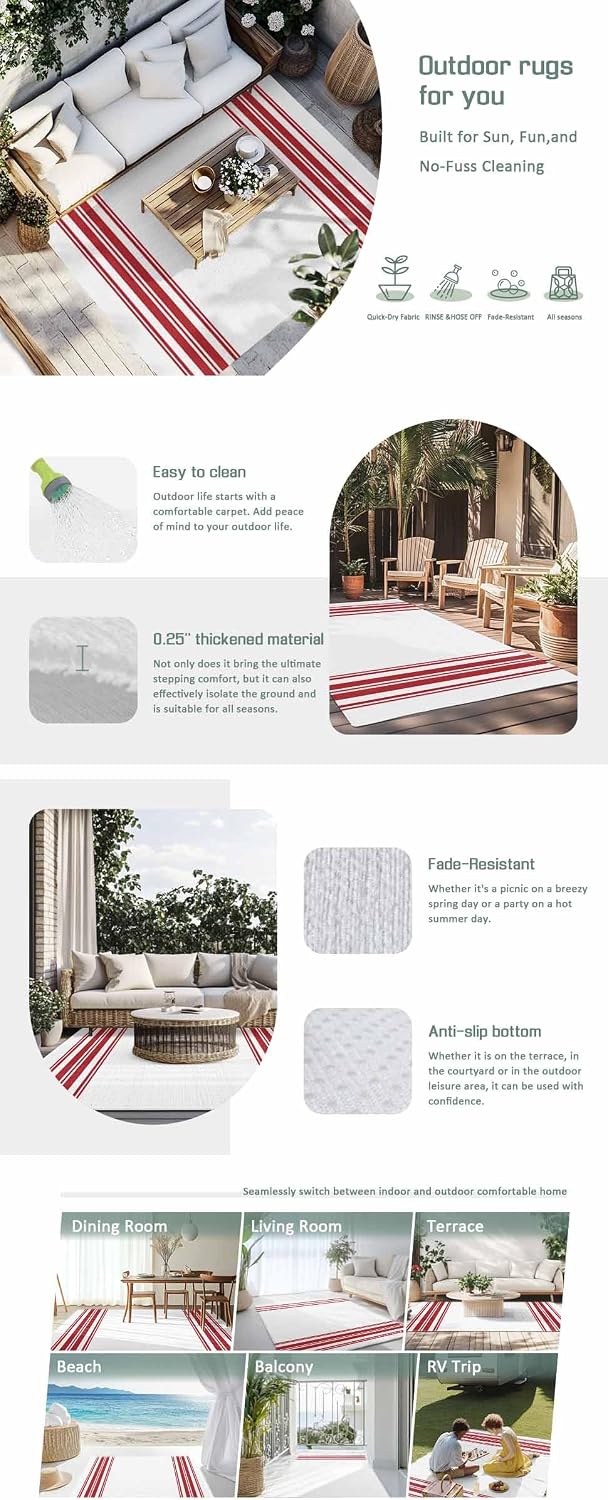 Outdoor Rug 4x6ft Farmhouse Red Stripes Patio Area Rugs Waterproof Easy Cleaning Non Shedding Thick Mats White Carpet for Indoor Outdoor Porch Deck Backyard Balcony