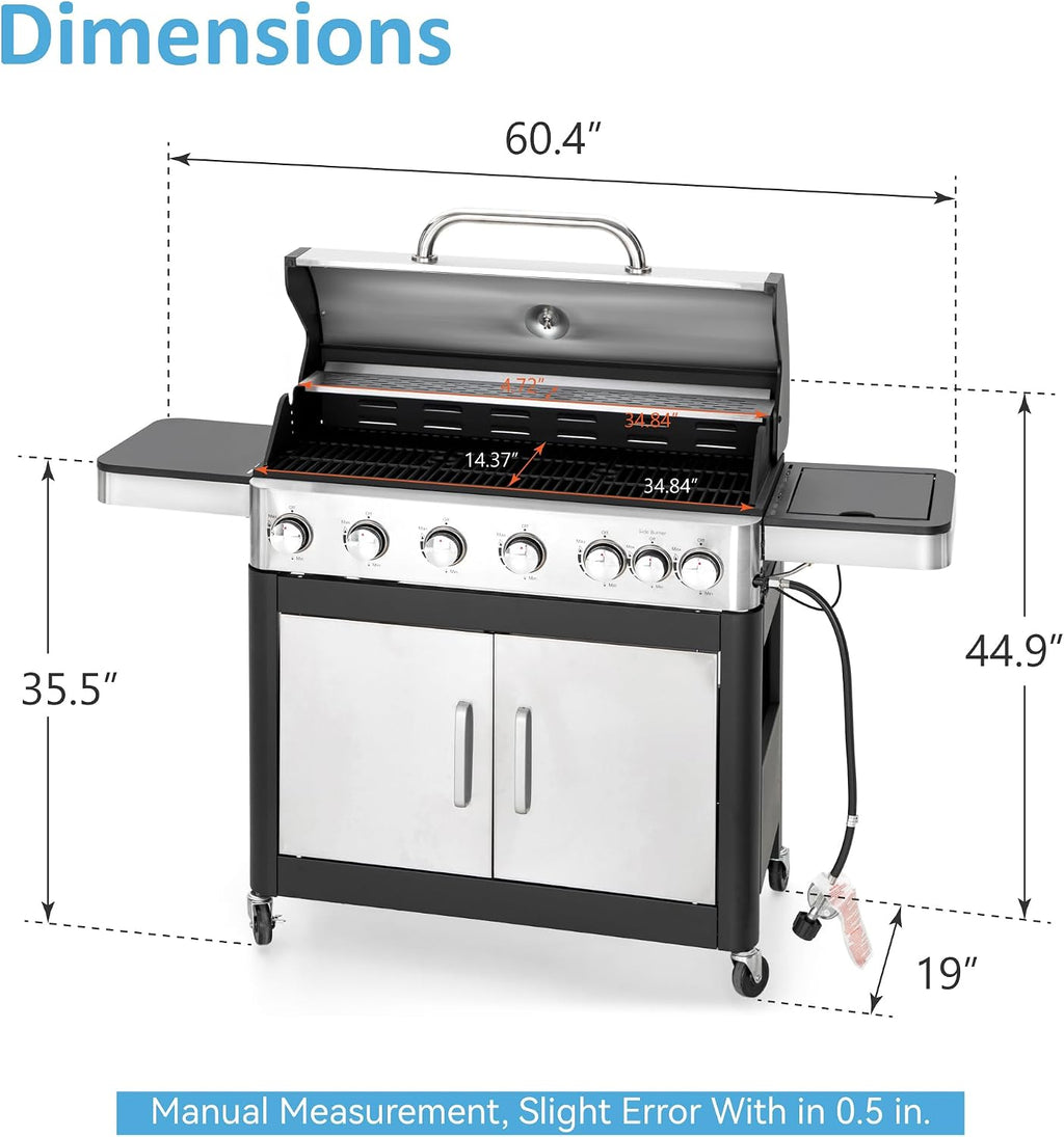 6 Burner Propane Gas BBQ Grill with Side Burner & Porcelain-Enameled Cast Iron Grate, 65,800 BTUs Barbecue Grill 665 Sq. In. Grilling Area, Outdoor Propane Grill for Camping Patio Backyard Cooking