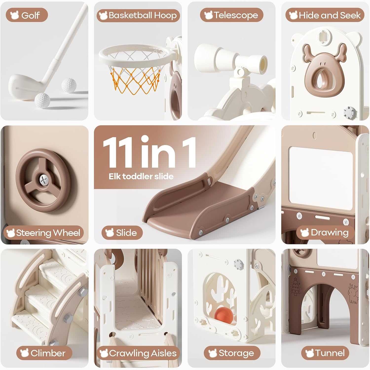 Mloong Toddler Slide for Kids - 11 in 1 Kids Slide for Toddlers Baby 1-3 Years Old, Indoor and Outdoor with Basketball Hoop Golf Drawing Set, Easy Assembly Elk Theme(Beige & Rosy Brown)(54×62×39in)