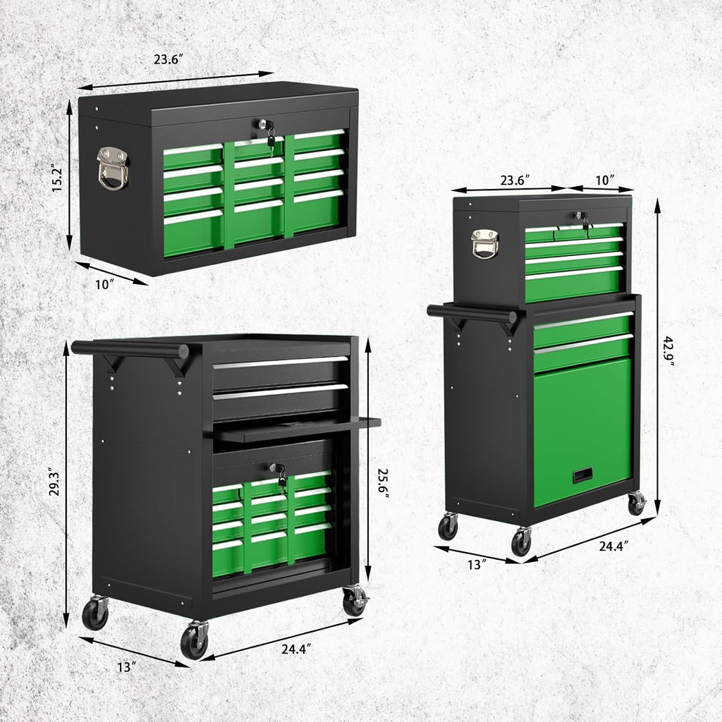 8-Drawer Tool Chest with Wheels,High Capacity Rolling Tool Box with Wheels,Locking Mechanical Tool Chest,Metal Tool Box for Garage Workshop (Blackgreen)