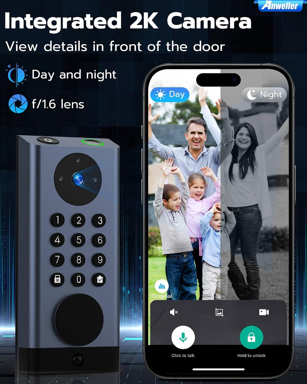 Anweller Smart Door Lock with Camera, WiFi Deadbolt with Video Doorbell, Fingerprint Biometric Electronic Keyless Entry Front Door Lock with Code Keypad for Exterior Doors, 10000mAh Battery